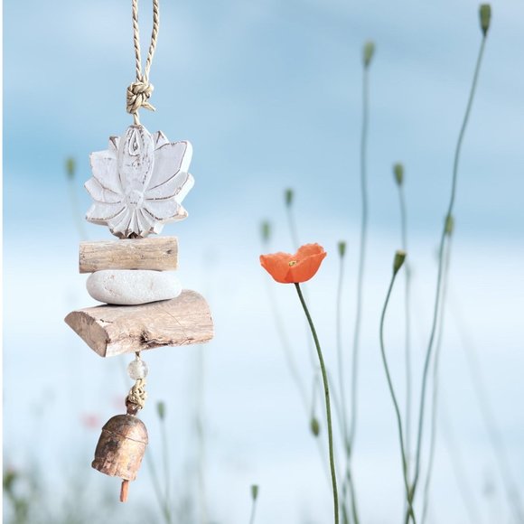 Lotus Flower Yoga Wind Chime Namaste Bleached Driftwood Windchime Soothing Nana - Picture 3 of 3
